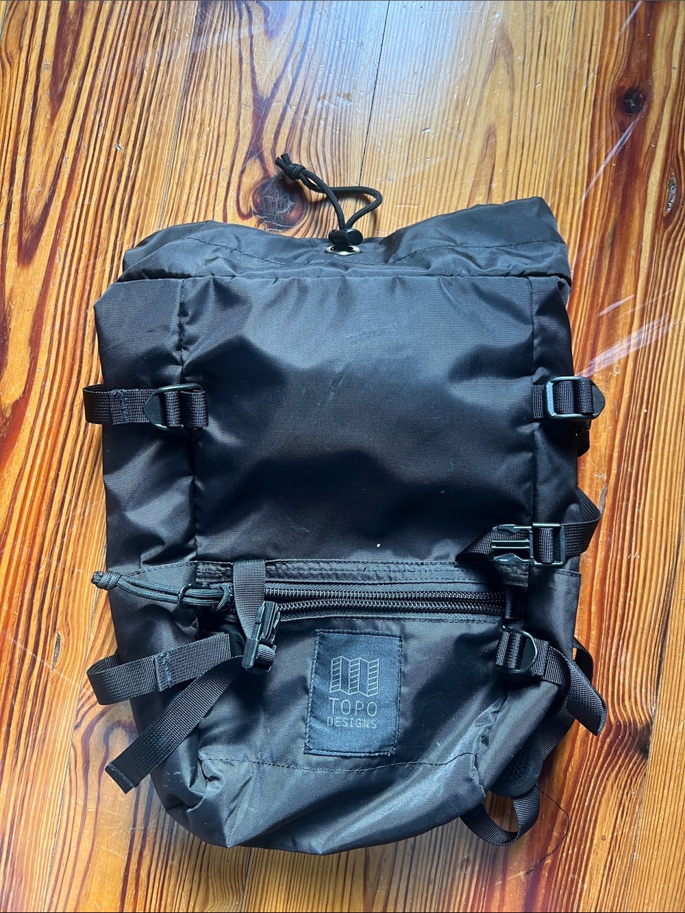 Topo Designs Black Roll-Top Backpack with Front Zip Pocket VM